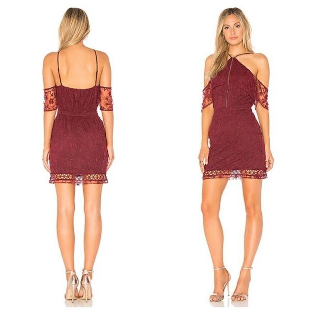 NWT TJD The Jetset Diaries Willow Mini Lace Cold Shoulder Dress In Dark Wine S